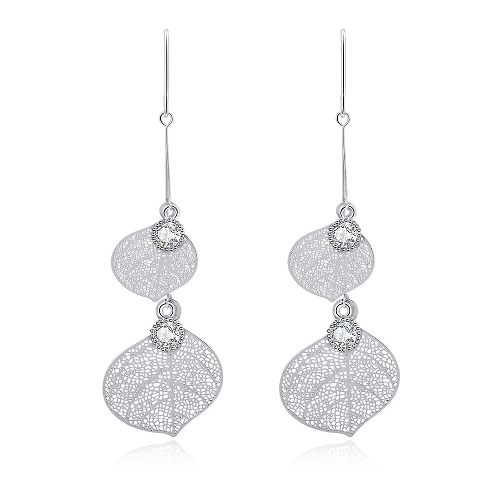 Cubic Zirconia Leaf Vein Dangle Earrings